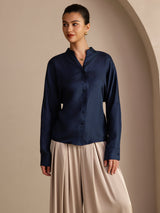 [Dark Blue] SilkSilky-UK Long Sleeve Split Women's Blouse 004