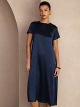 [Dark Blue] SilkSilky-UK Short Sleeve Round Neck Dress 005