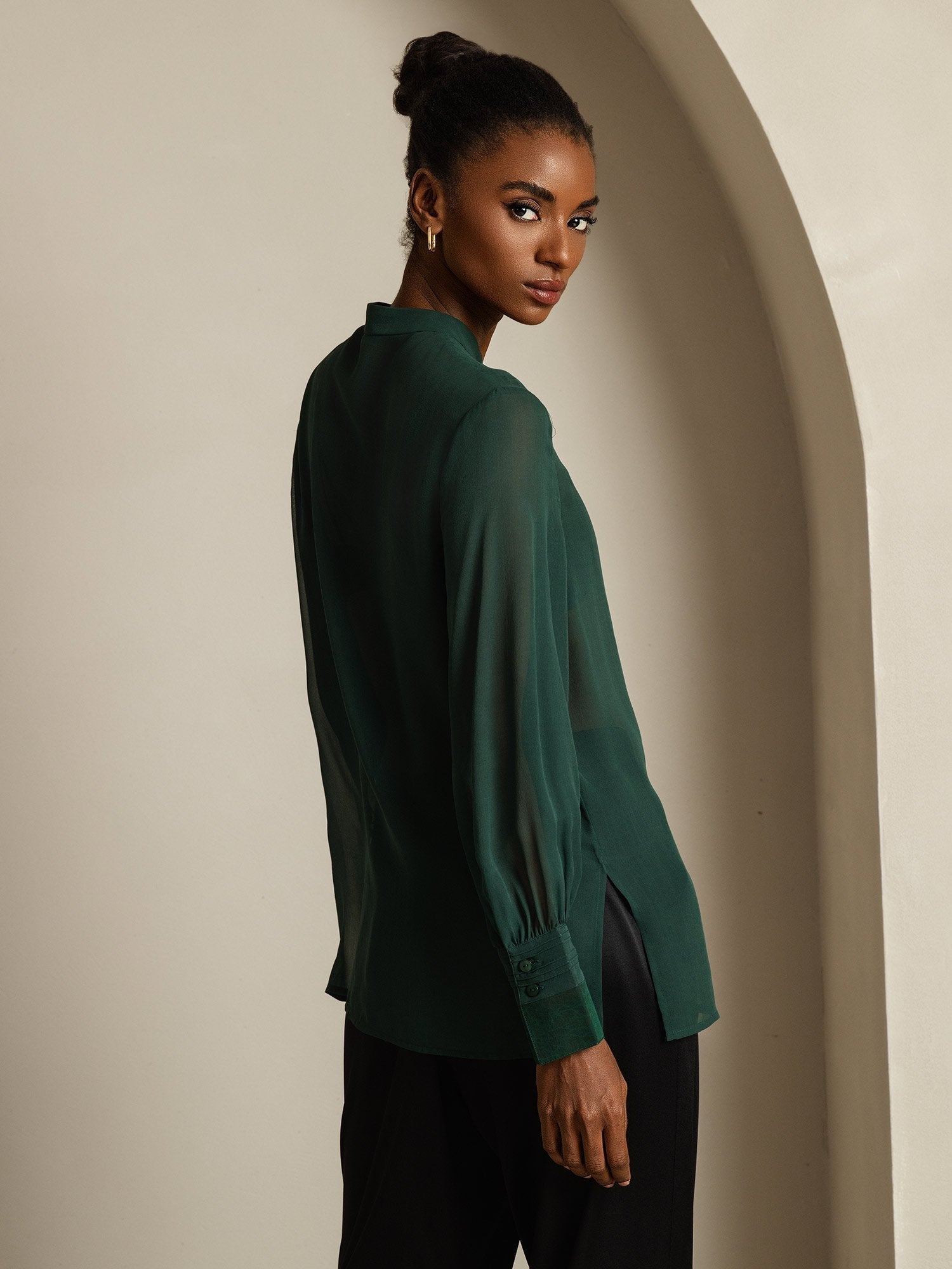 [Dark Green] SilkSilky-UK Pure Silk Split Women's Shirt 006