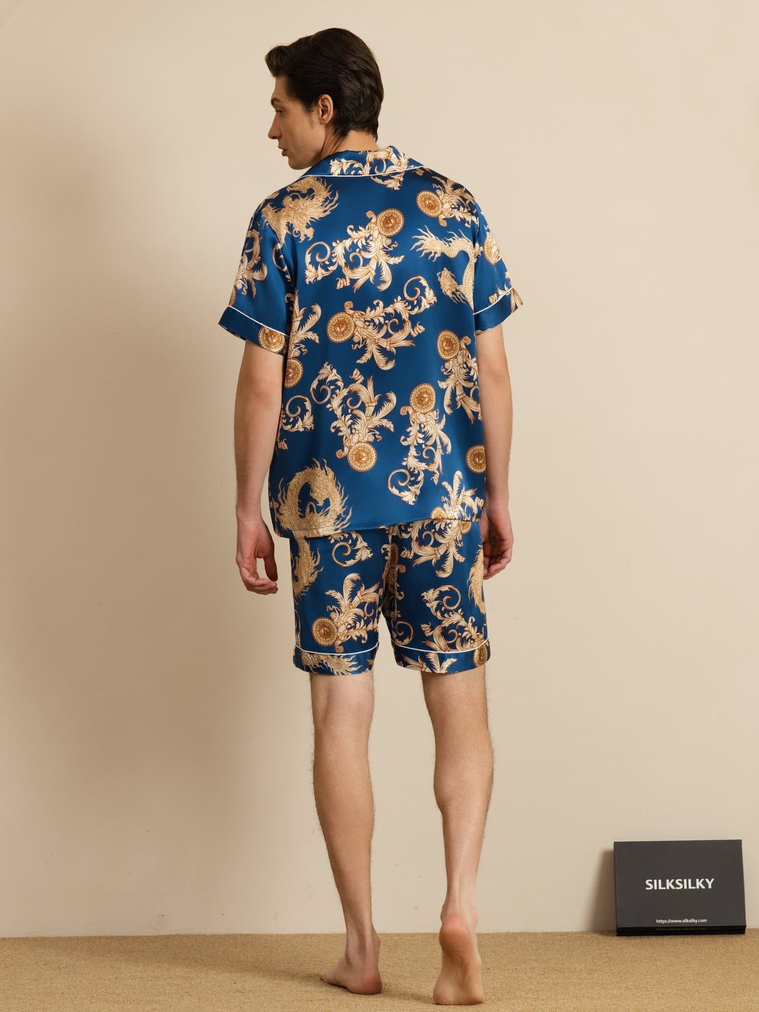 [Navy Dragon] SilkSilky-UK Short Sleeve Notch Collar Men's Pyjamas 004