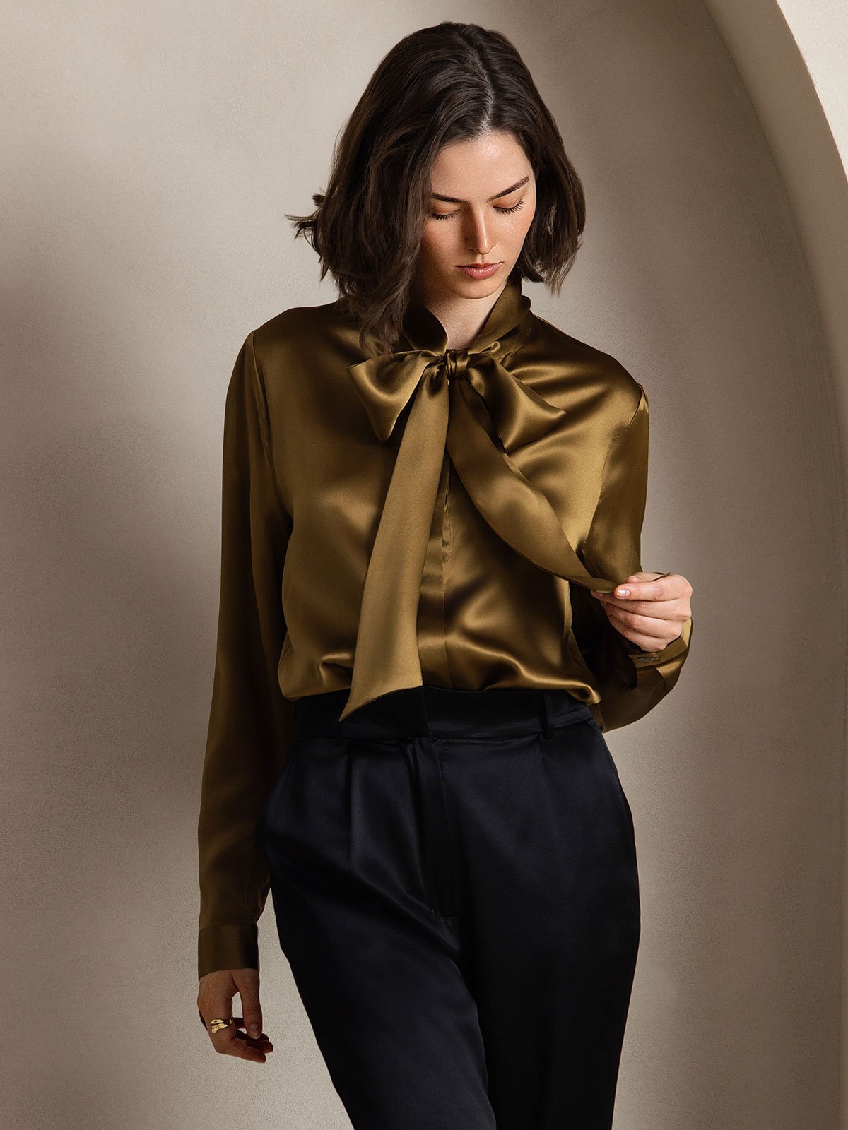 [Brown] SilkSilky-UK 19Momme Silk Long Sleeve Tie Neck Women's Shirt 005