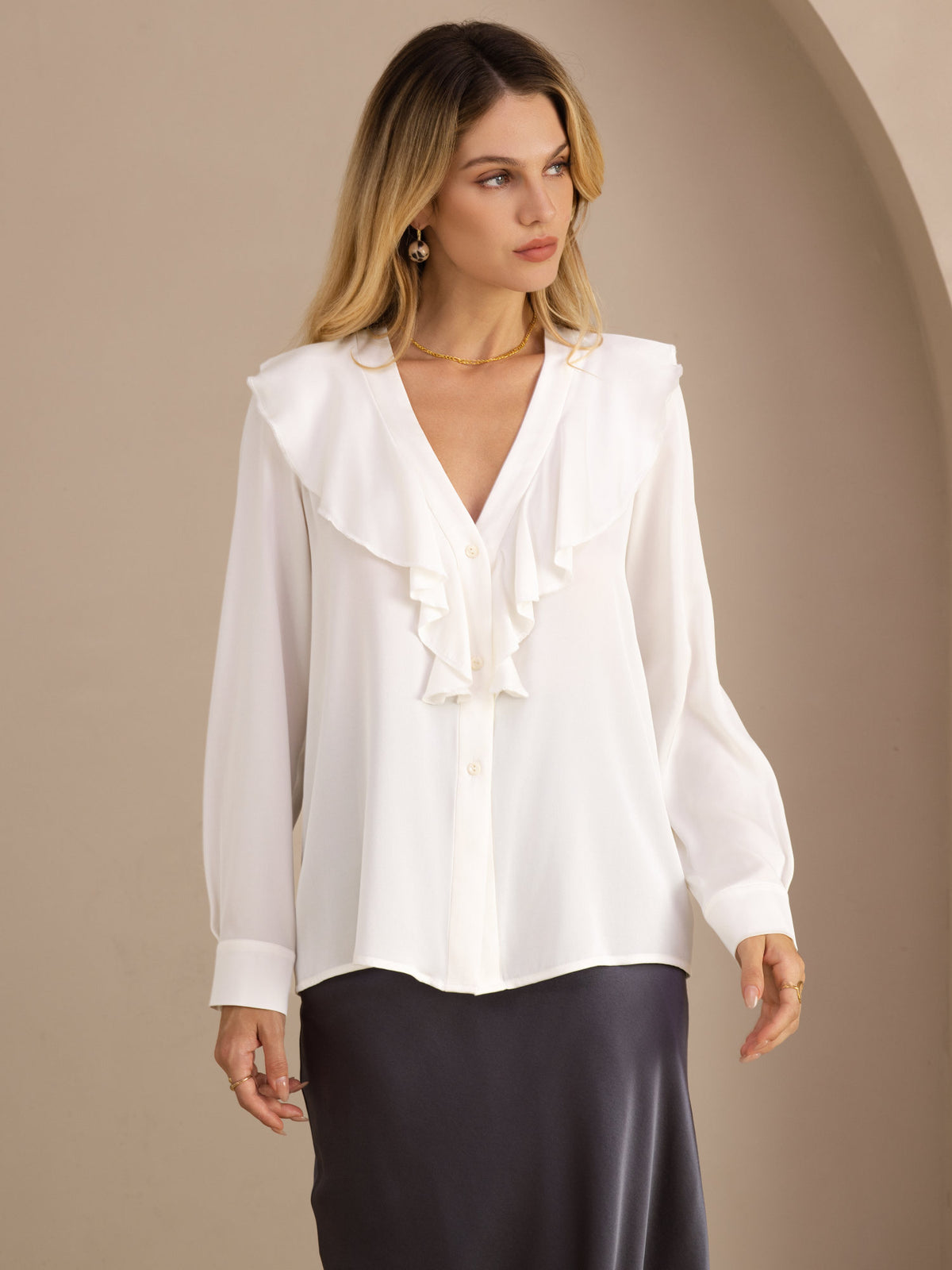 [White] SilkSilky-UK Long Sleeve Deep V Neck Women's Blouse 001