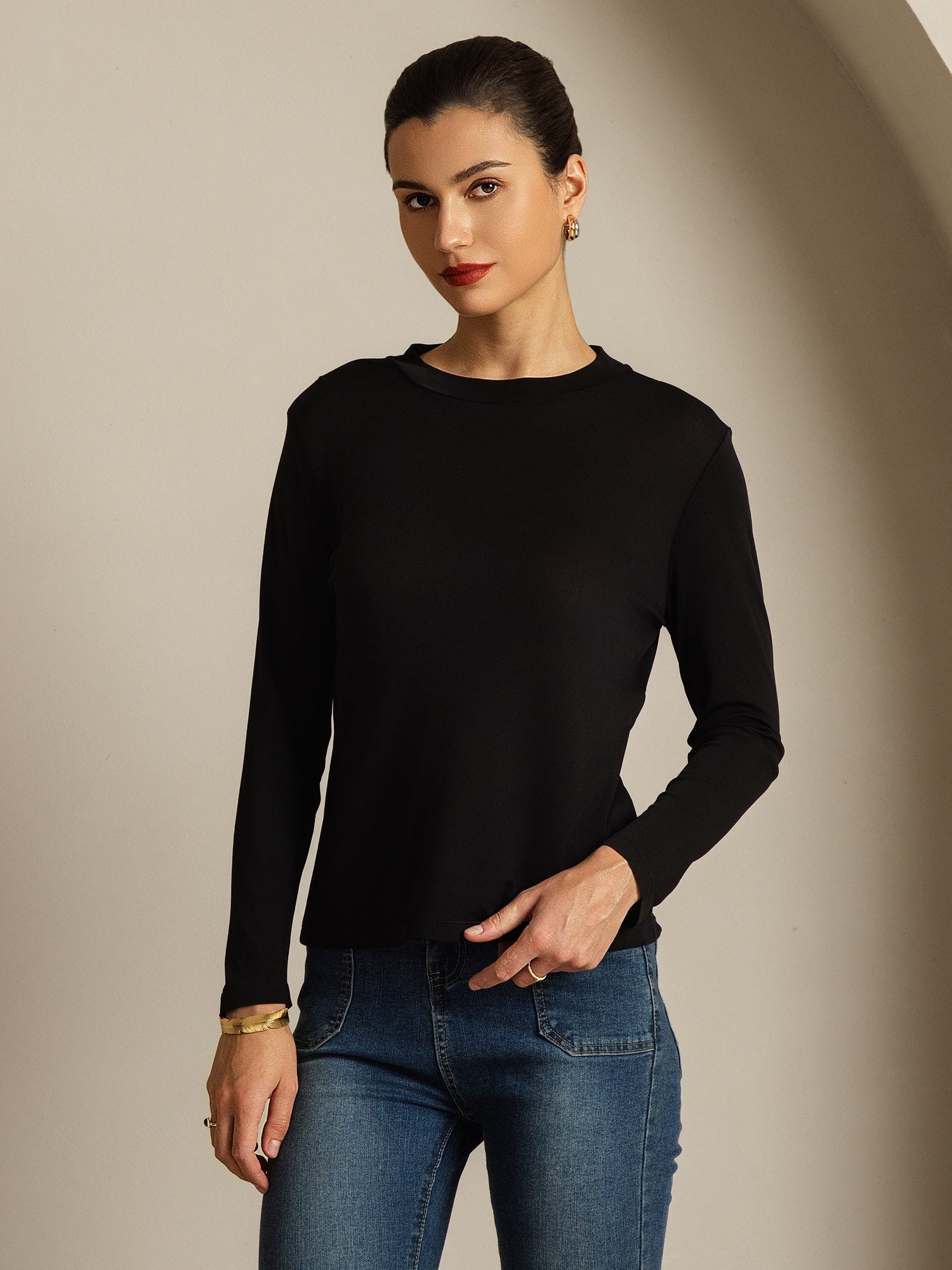 [Black] SilkSilky-UK 100% Silk Jersey Long Sleeve Crew Neck Women's T-Shirt 001