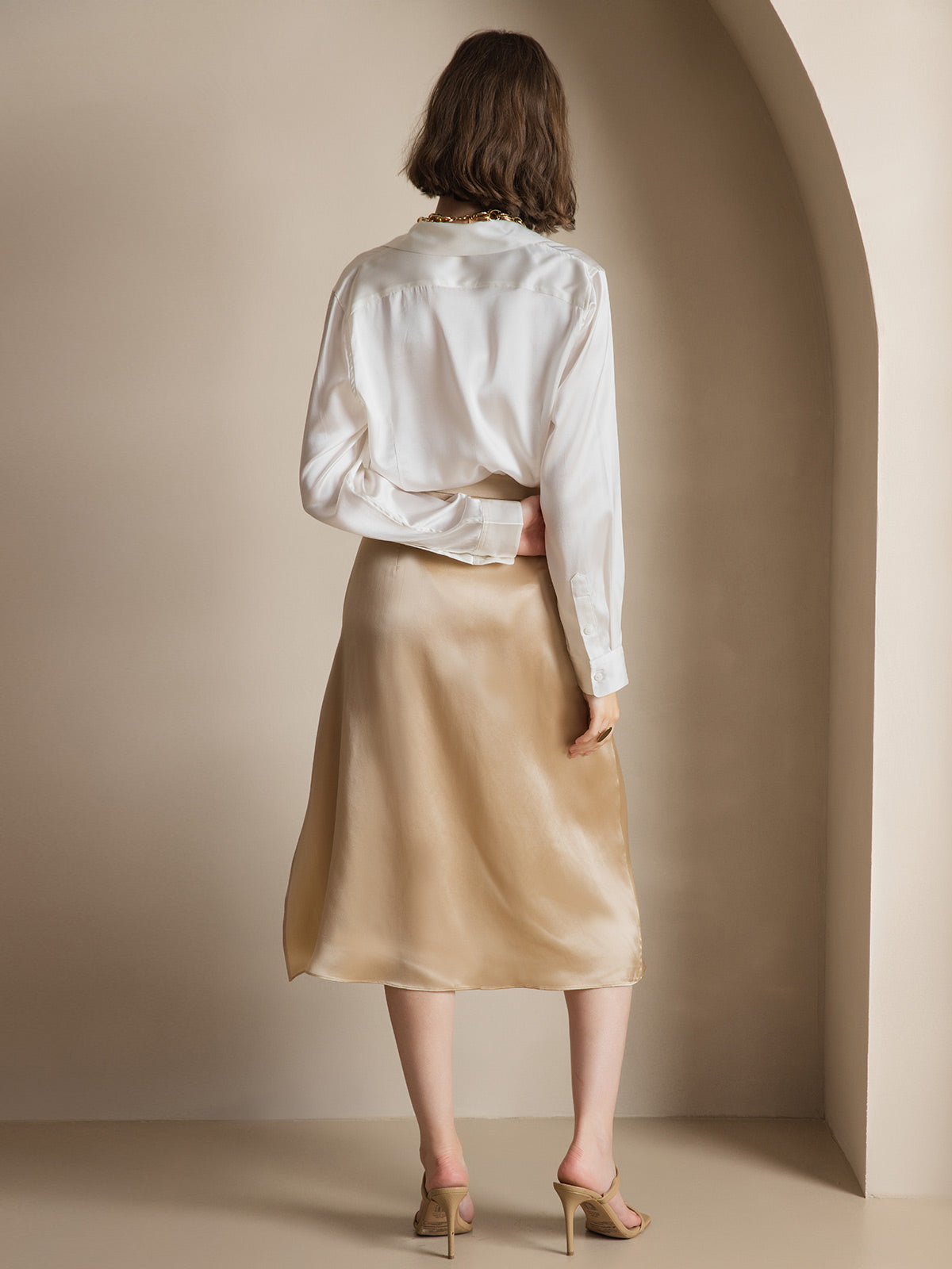 [White] SilkSilky-UK Silk Long Sleeve Collar Women's Shirt 002