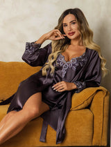 [Purple Gray] SilkSilky-UK Pure Silk 3/4 Sleeve V Neck Women's Pyjamas 005