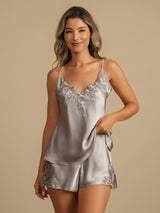 [Light Gray] SilkSilky-UK Spaghetti Strap V Neck Camisole Set 001