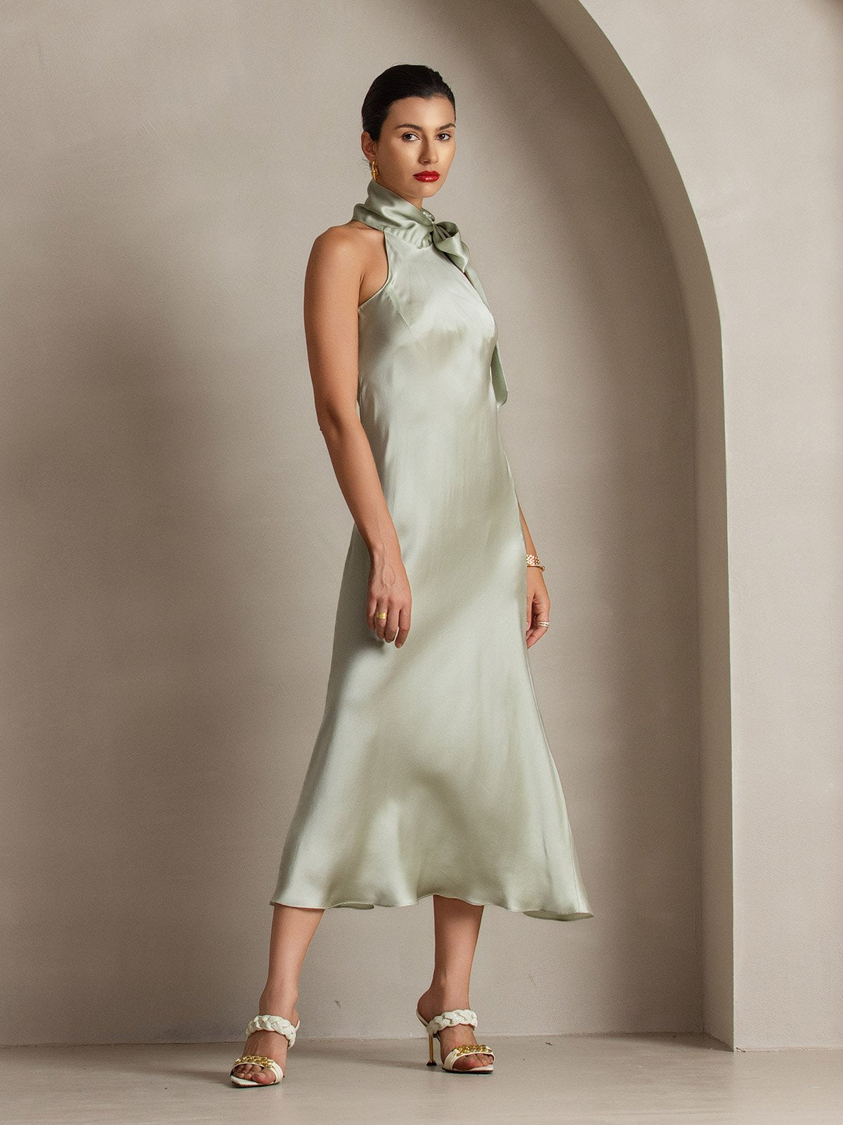[Light Green] SilkSilky-UK 19Momme Silk Sleeveless Tie Neck Dress 003