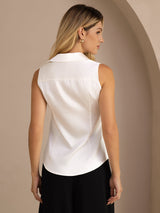 [White] SilkSilky-UK Sleeveless Lapel Collar Women's Shirt 002