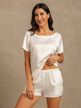 [White] SilkSilky-UK 19Momme Machine-Washable Silk Short Sleeve Round Neck Women's Pyjamas 003