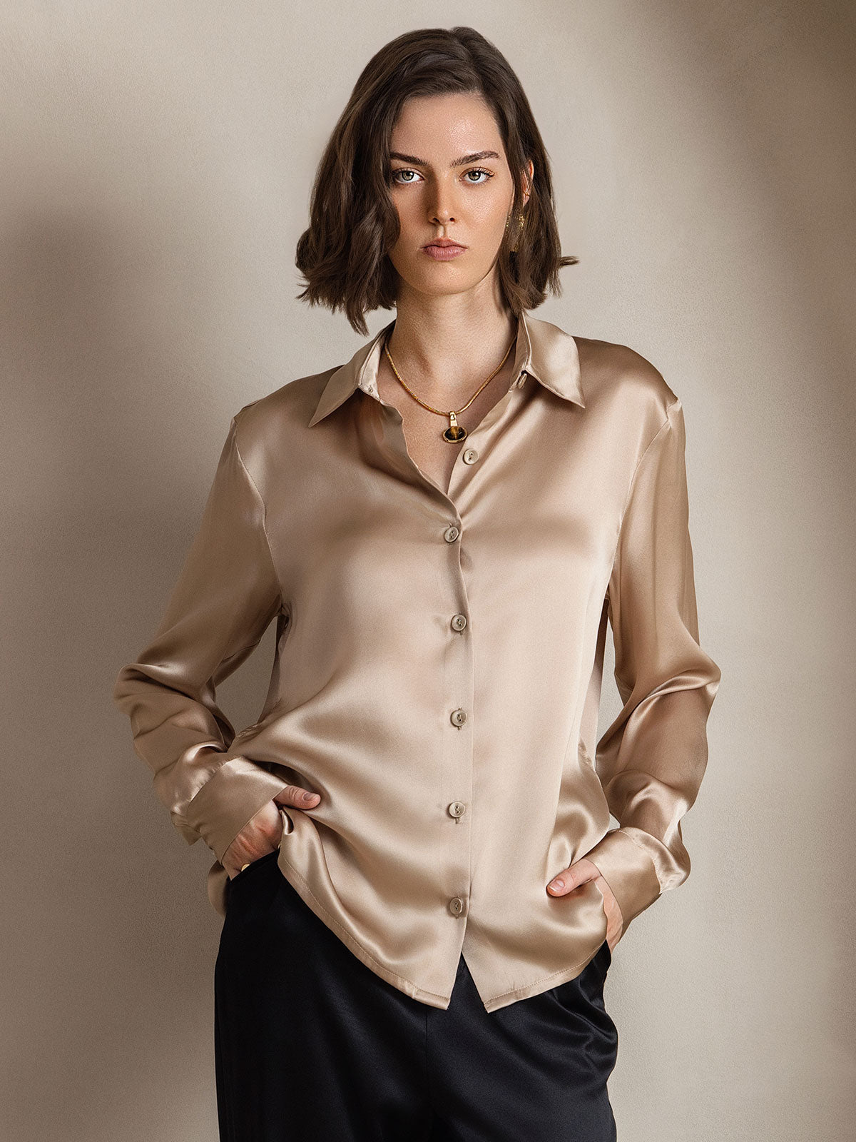 SilkSilky-UK Silk Long Sleeve Collar Women's Shirt Champagne 001