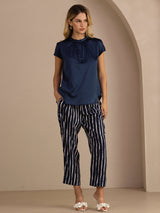 [Dark Blue] SilkSilky-UK Short Sleeve Split Women's Blouse 006