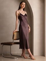 [Coffee] SilkSilky-UK Spaghetti Strap V Neck Dress 007