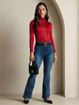[Wine] SilkSilky-UK Silk Jersey Long Sleeve Turtle Neck Women's T-Shirt 007