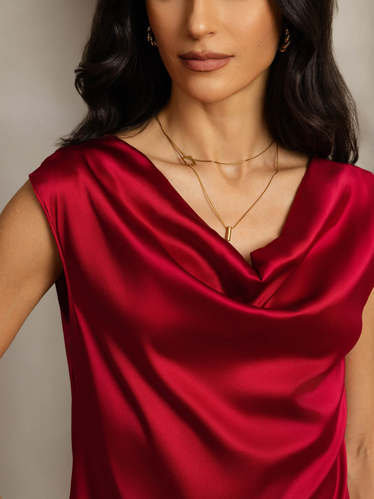 [Wine] SilkSilky-UK 19Momme Silk Cap Sleeve Cowl Neck Women's T-Shirt 005