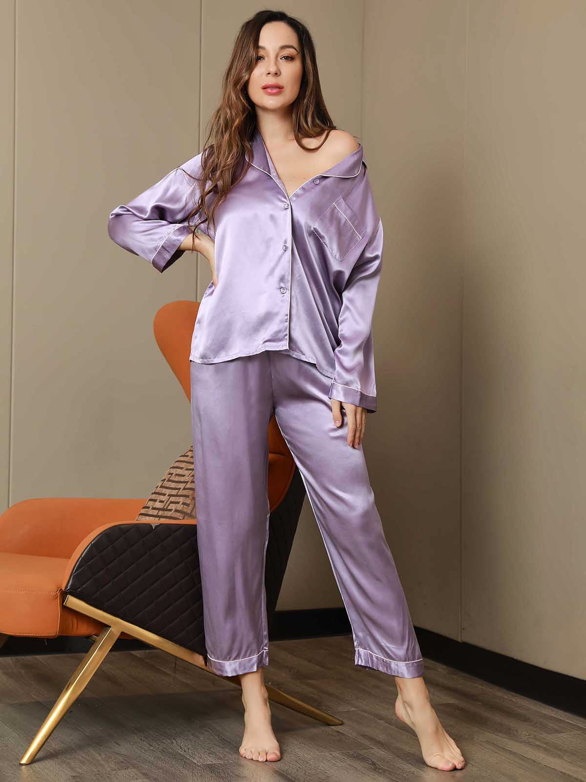 SilkSilky-UK Pure Silk Long Sleeve Lapel Women's Pyjamas Lavender 005