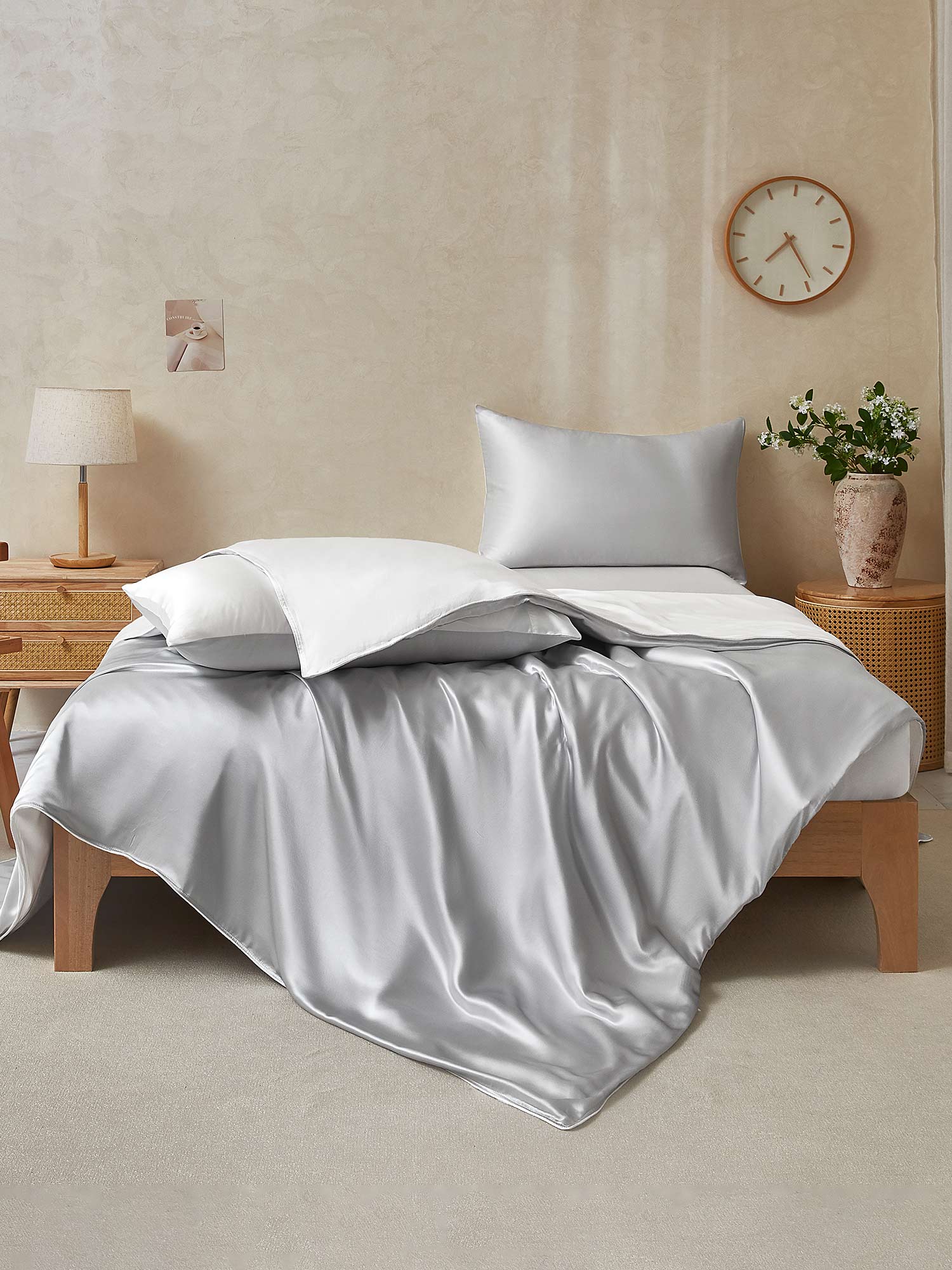 [LightGray+White] SilkSilky-UK 25Momme Pure Silk Bedding Set 002,