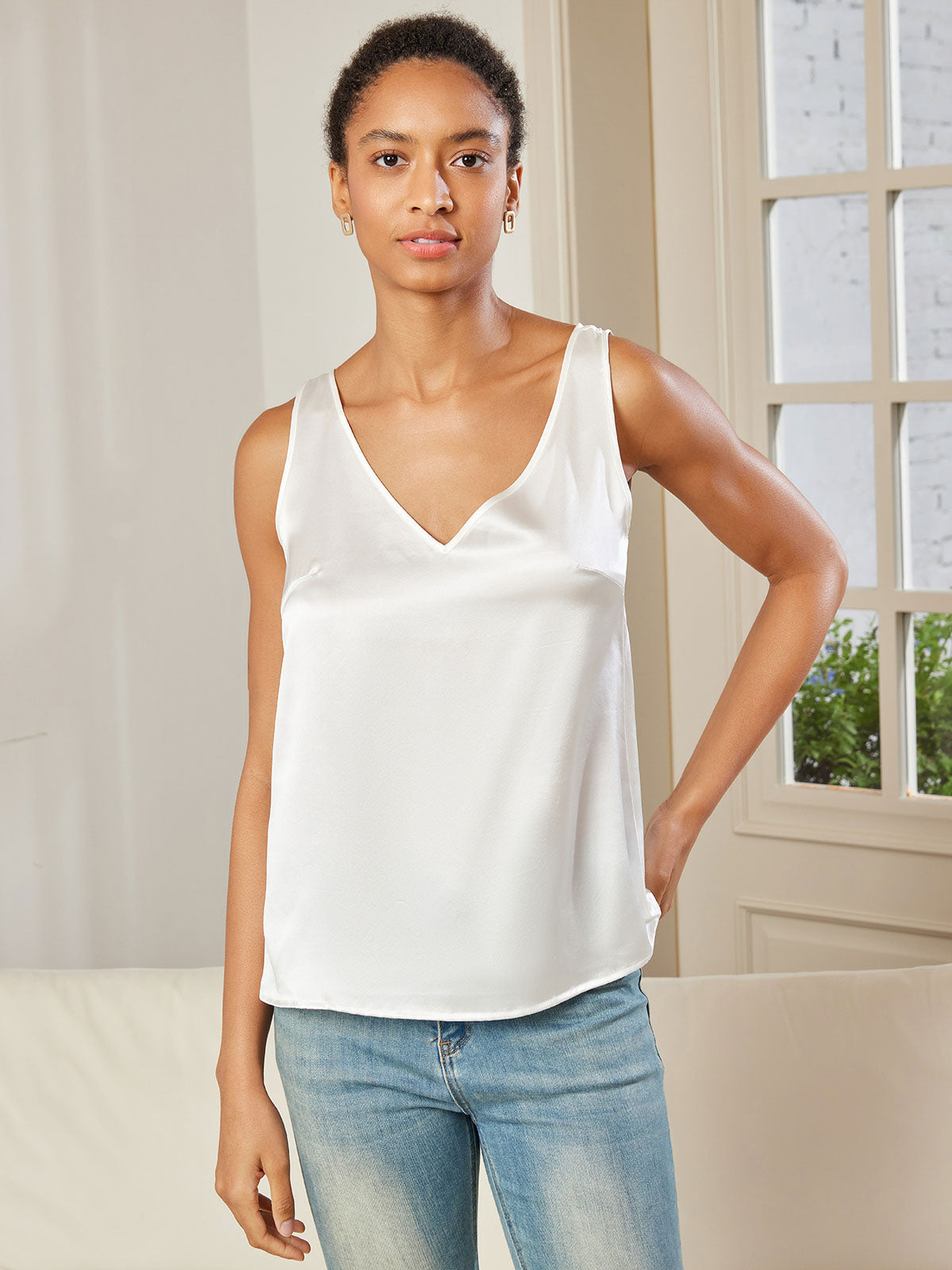 SilkSilky UK Pure Silk Sleeveless V Neck Camisole White 005