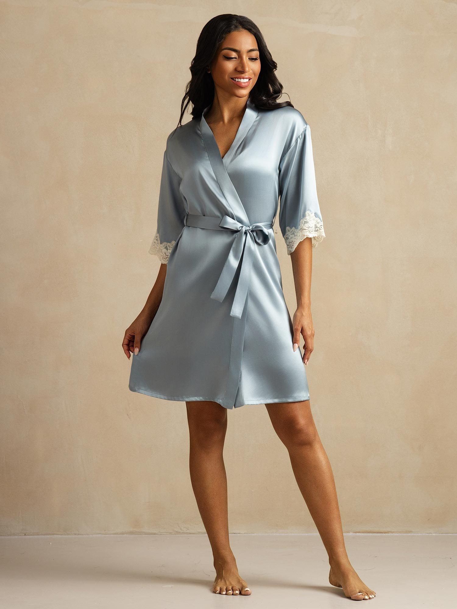 [Grayish Blue] SilkSilky-UK Pure Silk Womens Robe 006