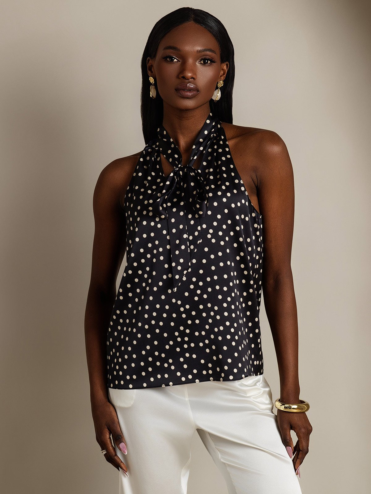 SilkSilky-UK 19Momme Silk Sleeveless Tie Neck Women's Shirt Black+White 006