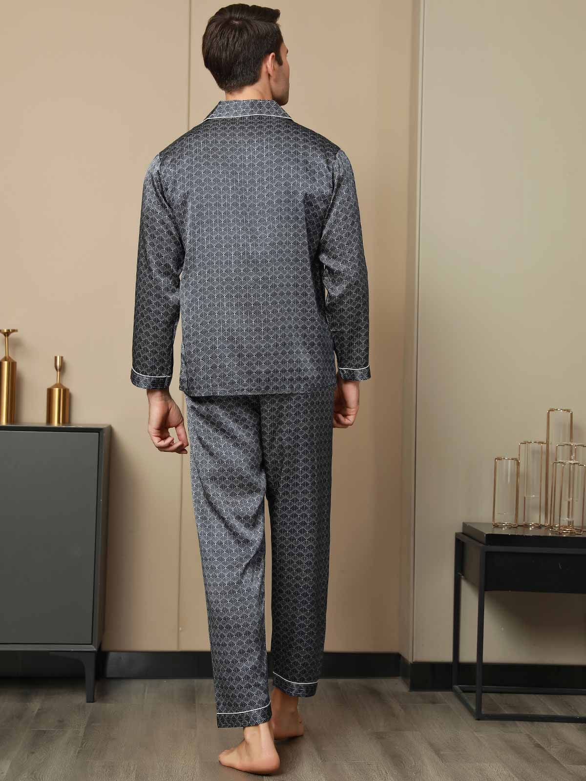 [Navy Ginkgo] SilkSilky-UK 19Momme Pure Silk Mens Pajamas 002