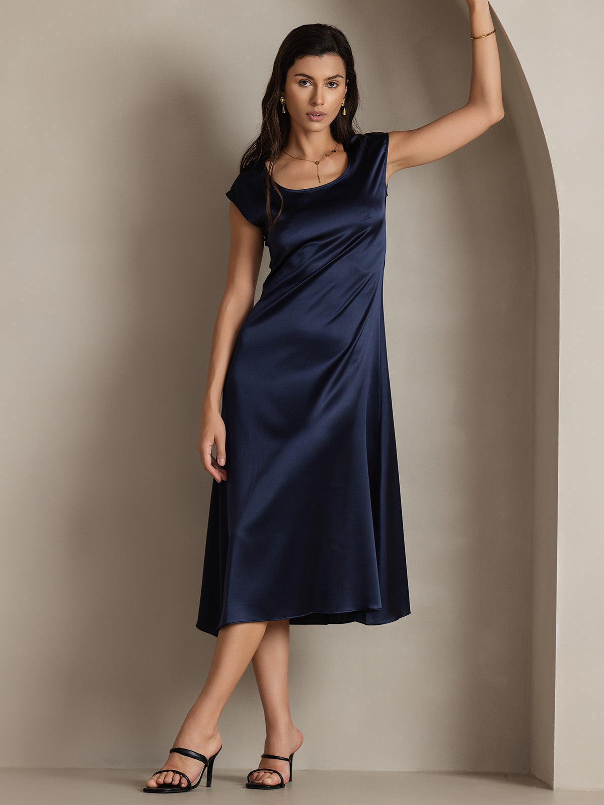 [Dark Blue] SilkSilky-UK 19Momme Silk Round Neck Dress 003