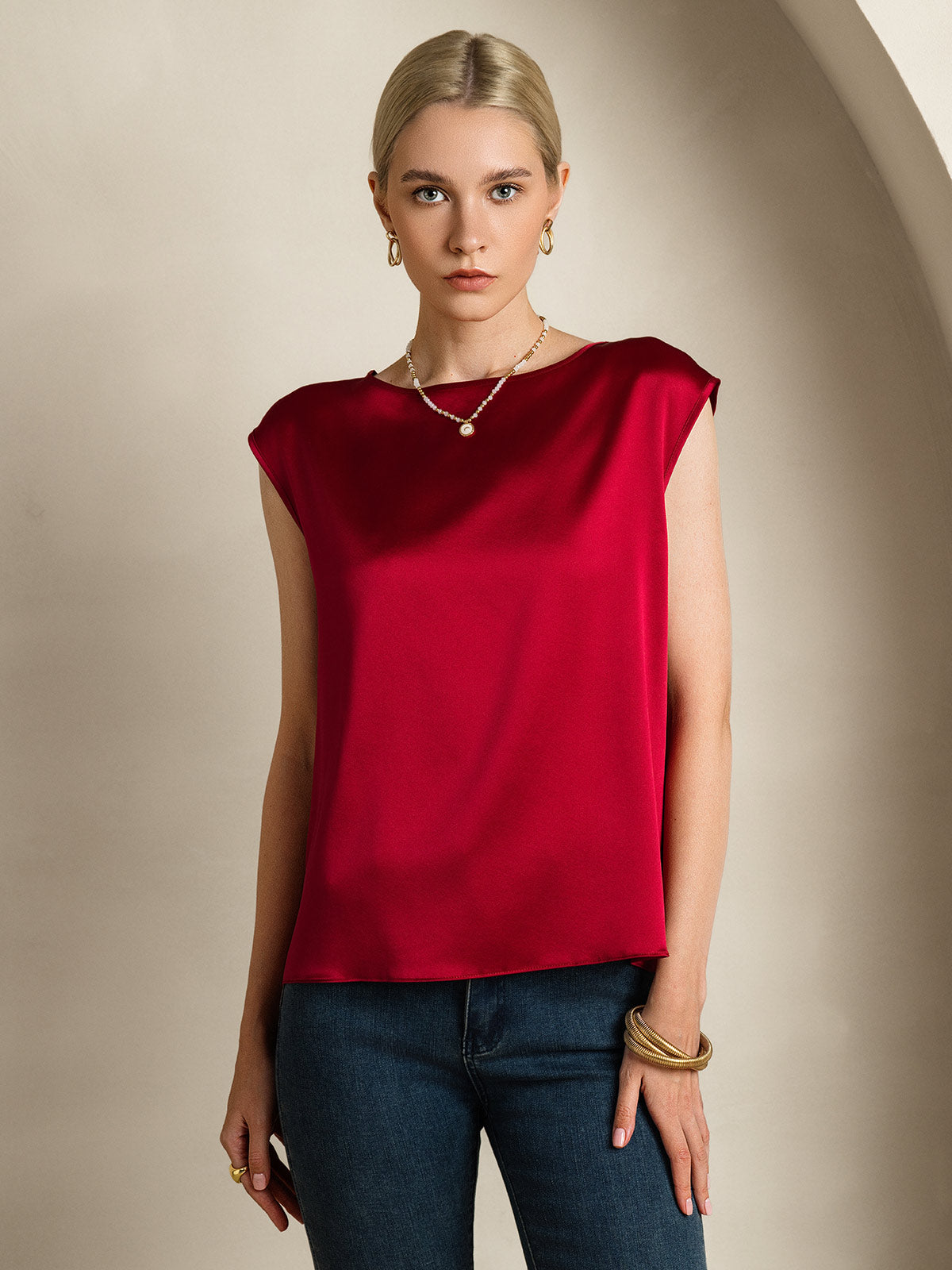 SilkSilky-UK 19Momme Silk Sleeveless Round Neck Women's T-Shirt Wine 004