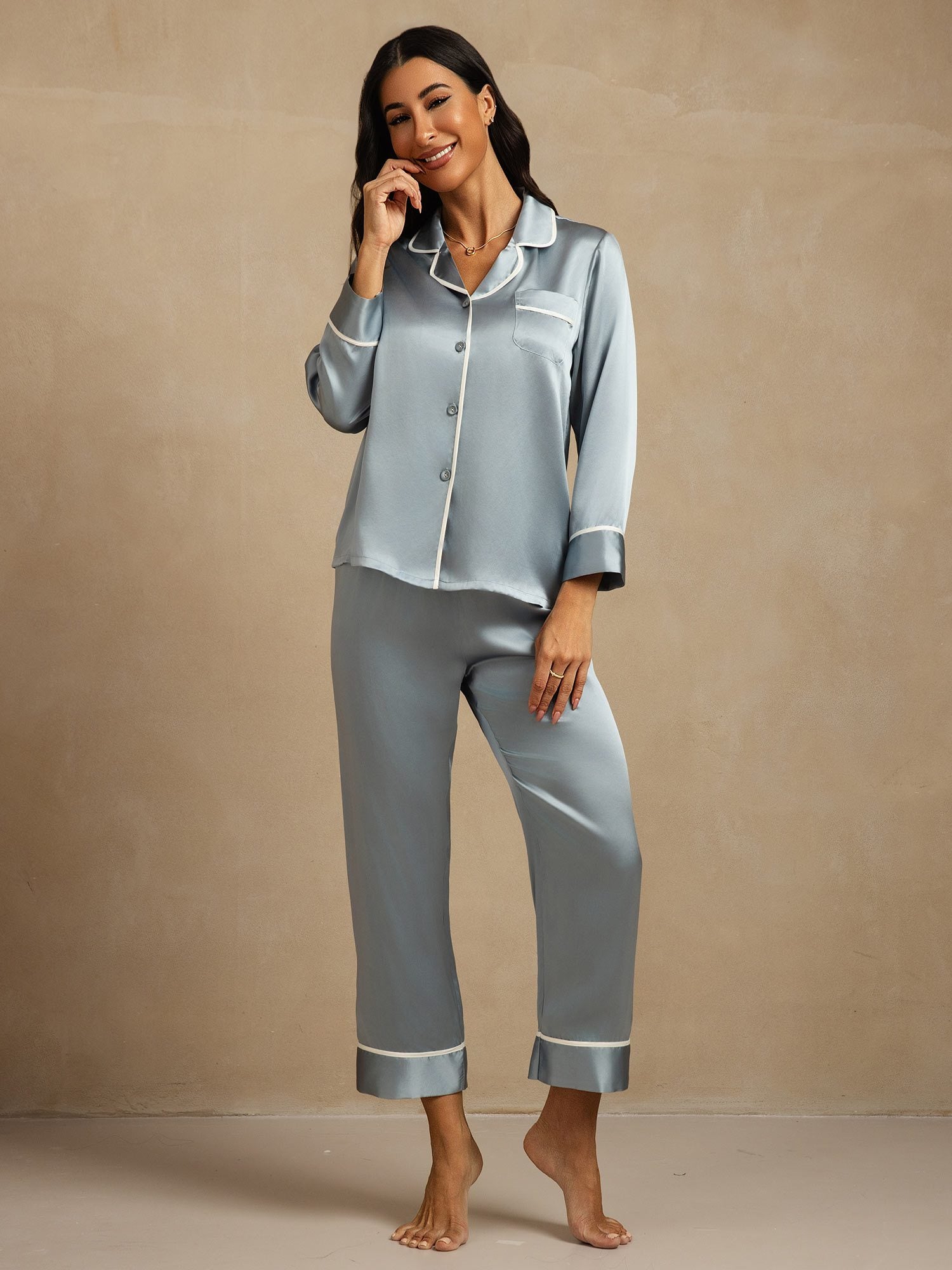 [GrayishBlue] SilkSilky-UK Pure Silk Collar Women's Pyjamas 006
