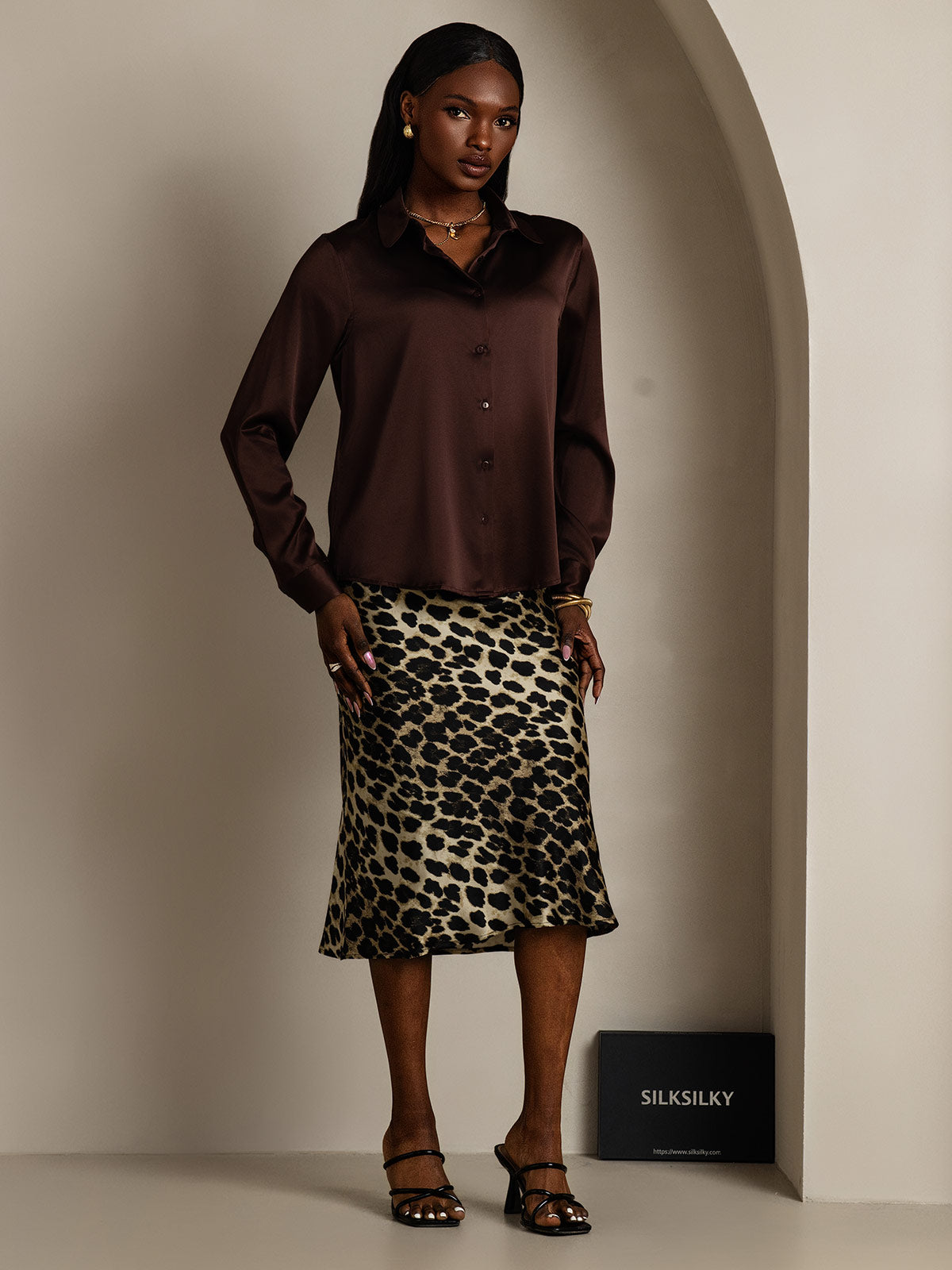 [Bitter Chocolate] SilkSilky-UK 19Momme Stretch Silk Charmeuse Long Sleeve Lapel Collar Women's Shirt 007