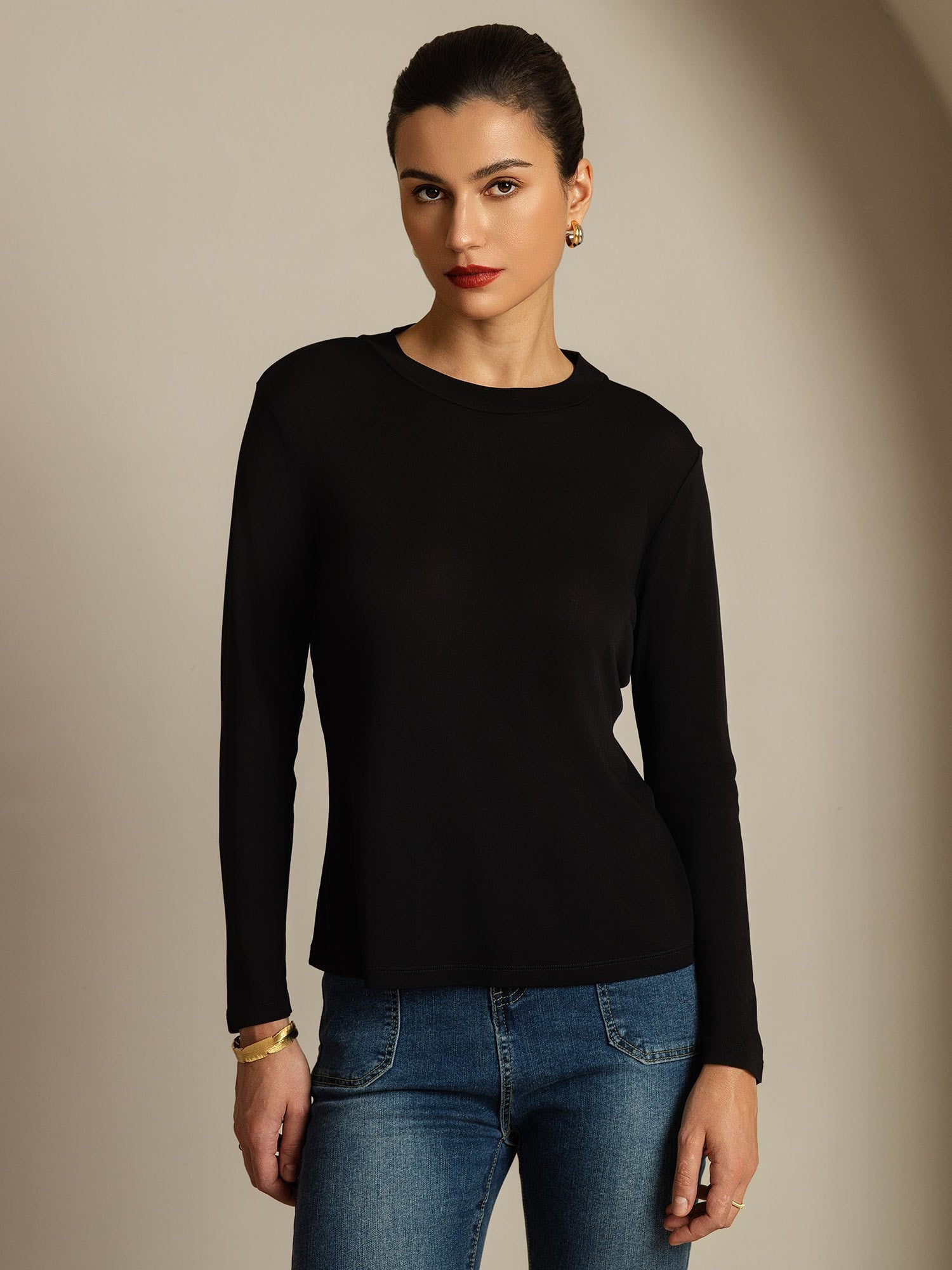 [Black] SilkSilky-UK Pure Silk Round Neck Women's T-Shirt 001