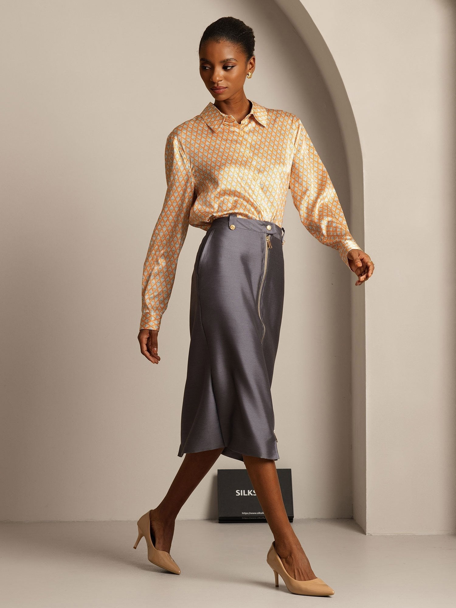 [Gray] SilkSilky-UK 32Momme Silk-Wool Blend Split Skirt 006,