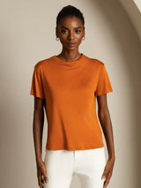 [Orange] SilkSilky-UK Silk Knitted Short Sleeve Mock Neck Women's T-Shirt 003