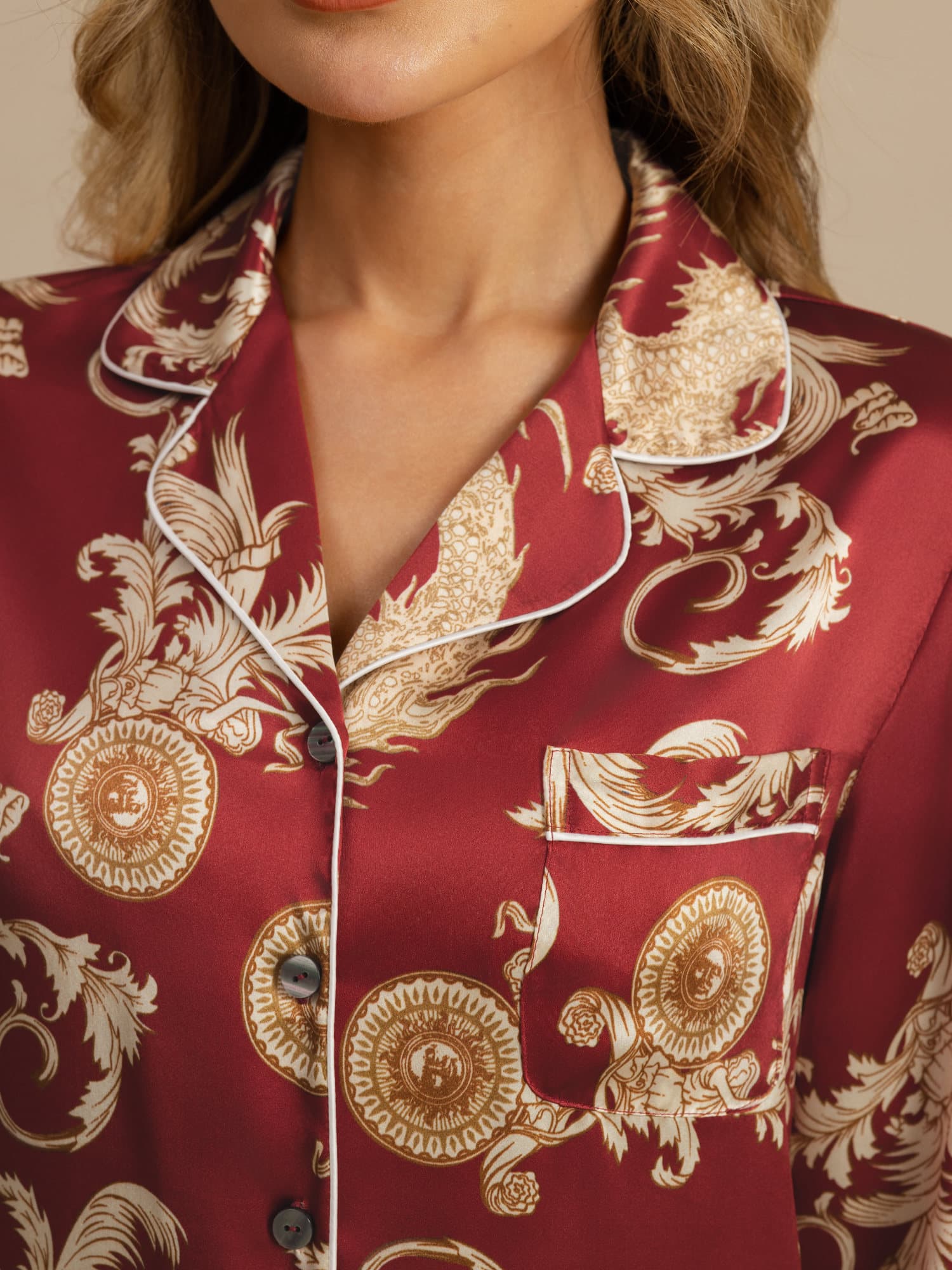 [Wine Dragon] SilkSilky-UK Long Sleeve Notch Collar Women's Pyjamas 004