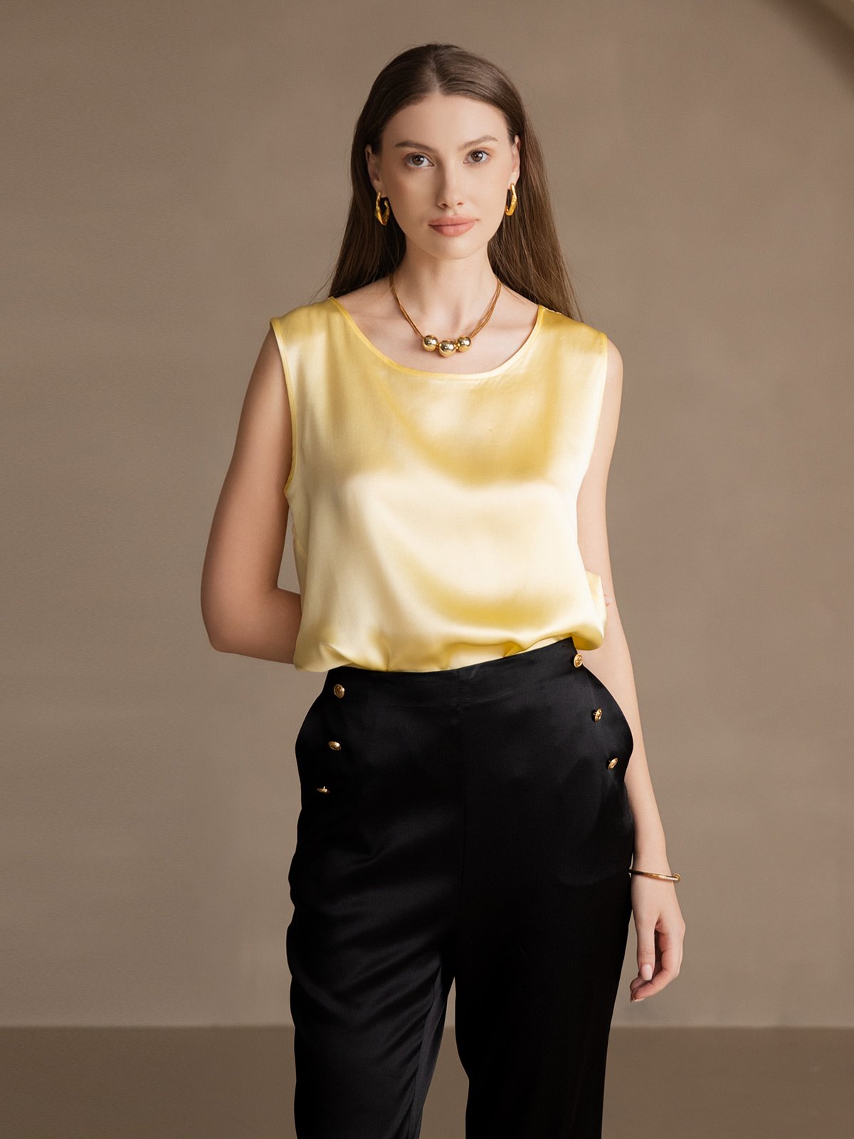 [Light Yellow] SilkSilky-UK 19Momme Silk Round Neck Camisole 004