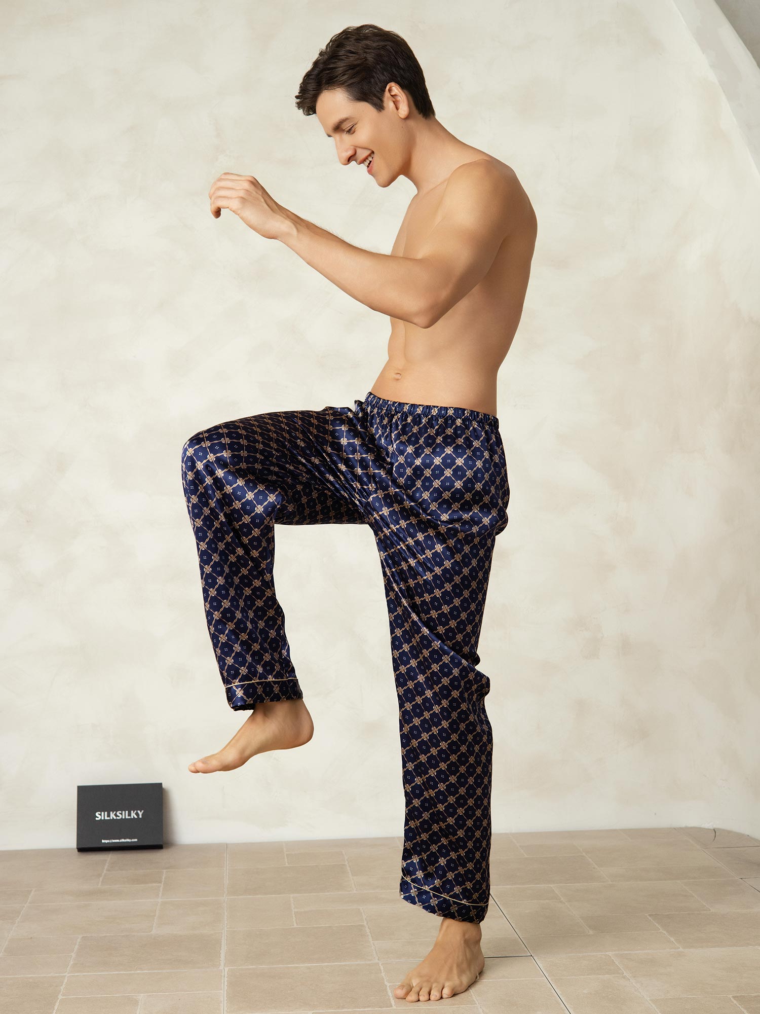 [Navy Chain] SilkSilky-UK Pure Silk Mens Sleep Bottoms 005