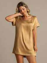 [Tan] SilkSilky-UK 19Momme Machine-Washable Silk Short Sleeve Round Neck Nightdress 006