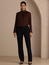 [Tan] SilkSilky-UK Long Sleeve Stand Collar Women's Blouse 007