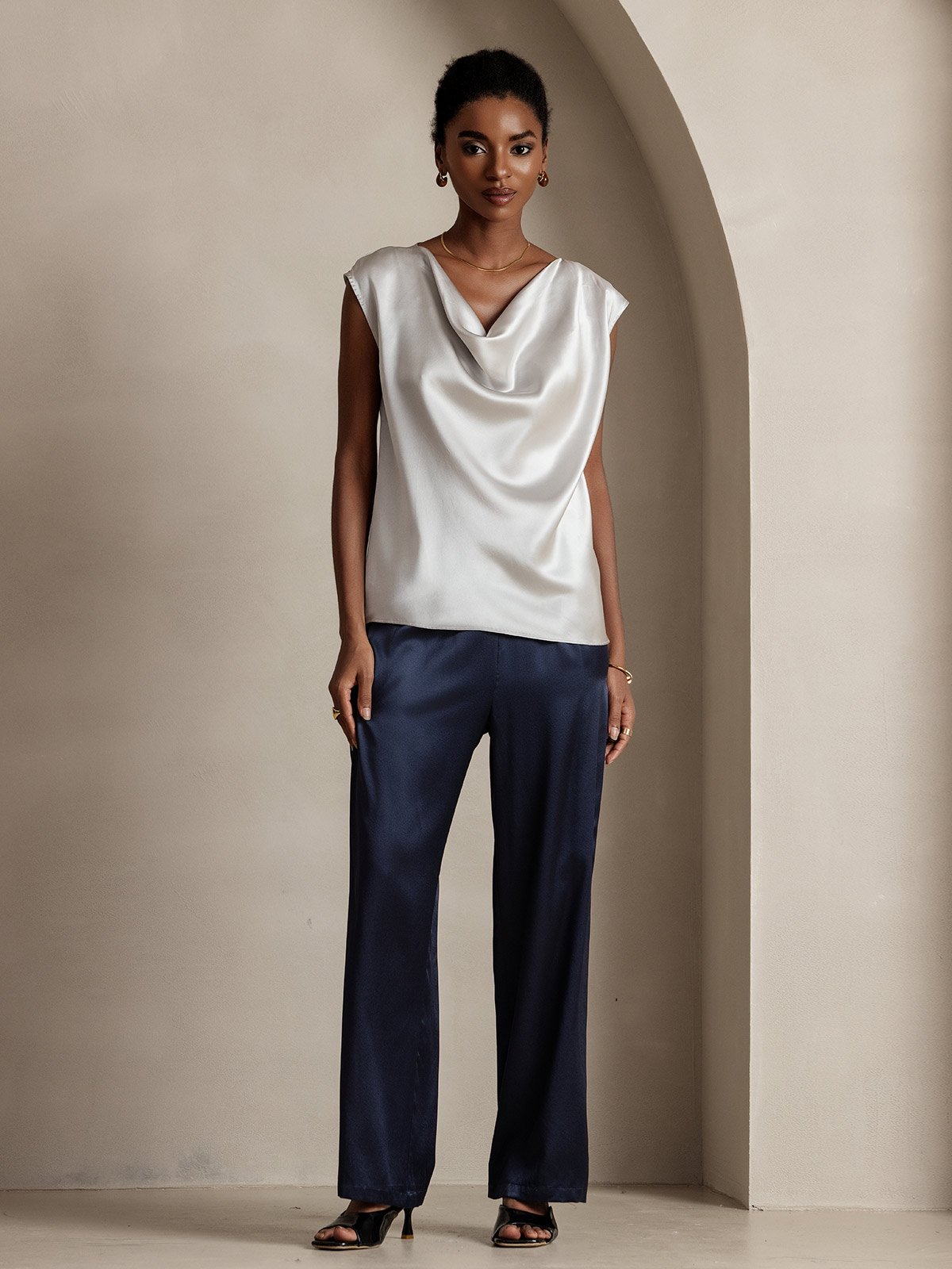 [Light Gray] SilkSilky-UK 19Momme Silk Cap Sleeve Cowl Neck Women's T-Shirt 005