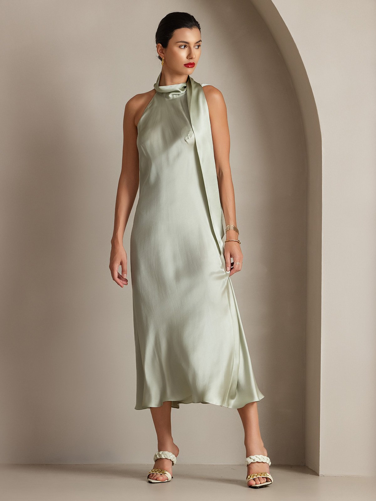[Light Green] SilkSilky-UK 19Momme Silk Sleeveless Tie Neck Dress 004