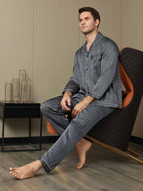 [Navy Ginkgo] SilkSilky-UK 19Momme Long Sleeve Notch Collar Men's Pyjamas 003