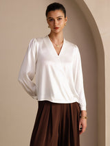 [White] SilkSilky-UK Long Sleeve Wrap Women's Blouse 003