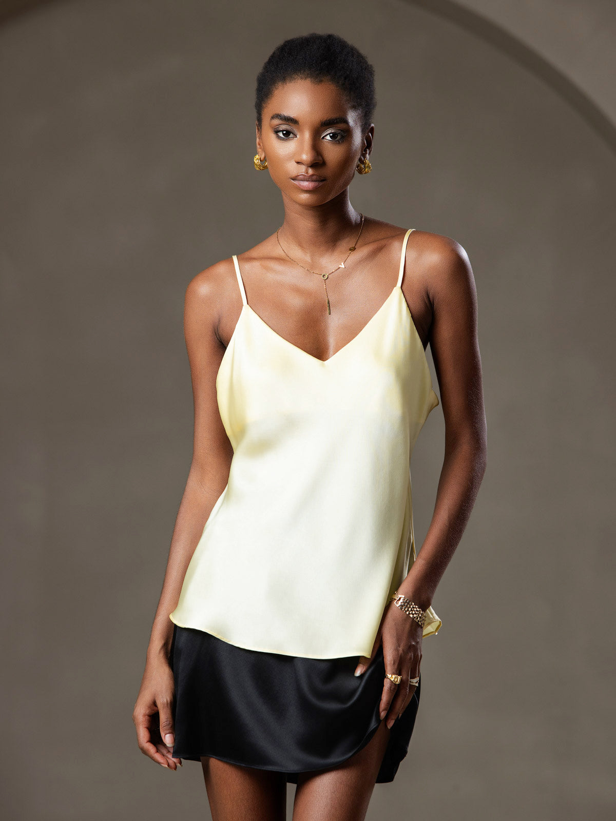 [Light Yellow] SilkSilky-UK Pure Silk V Neck Camisole 001