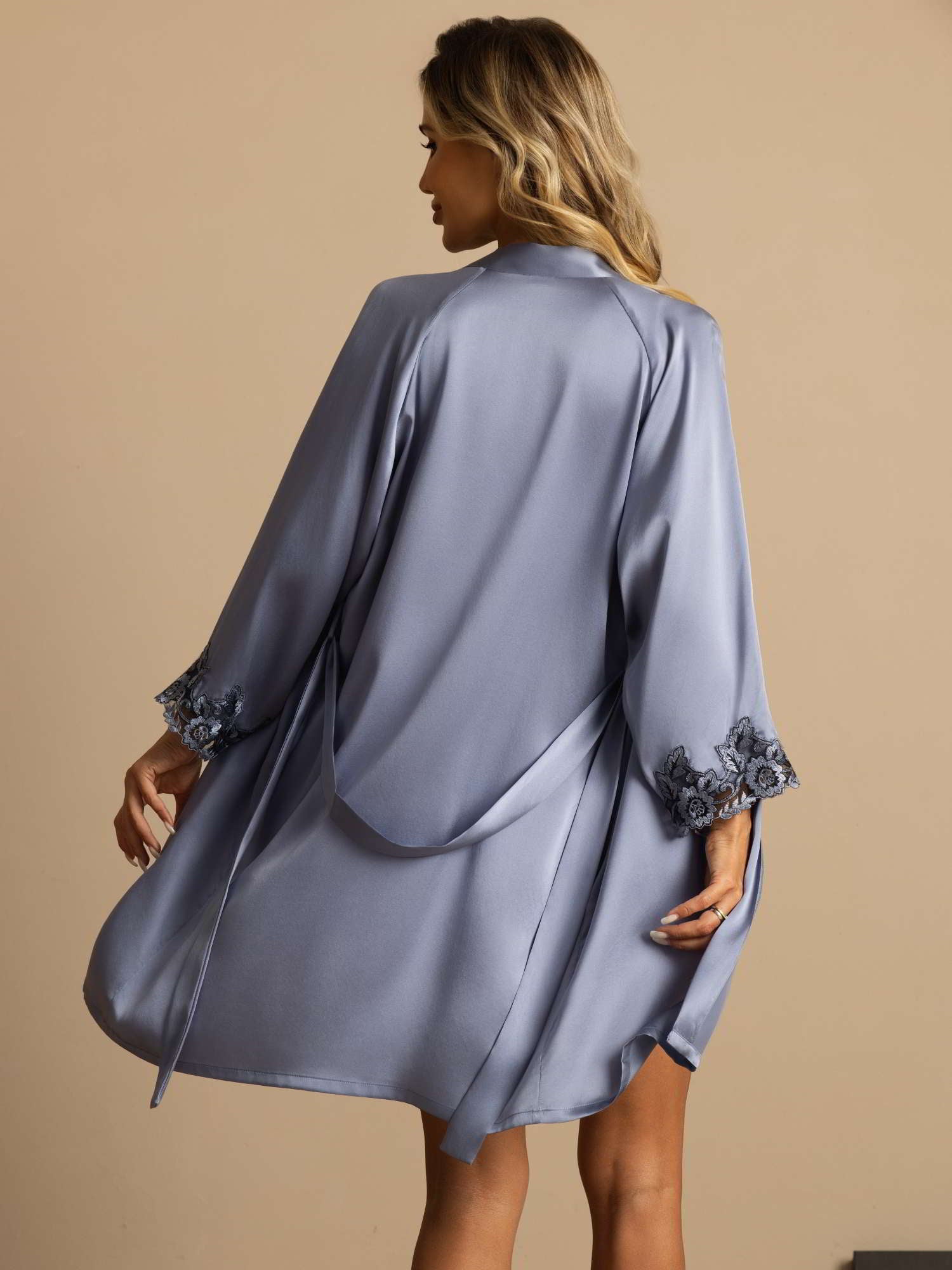 [Steel Blue] SilkSilky-UK Pure Silk 3/4 Sleeve V Neck Women's Pyjamas 002