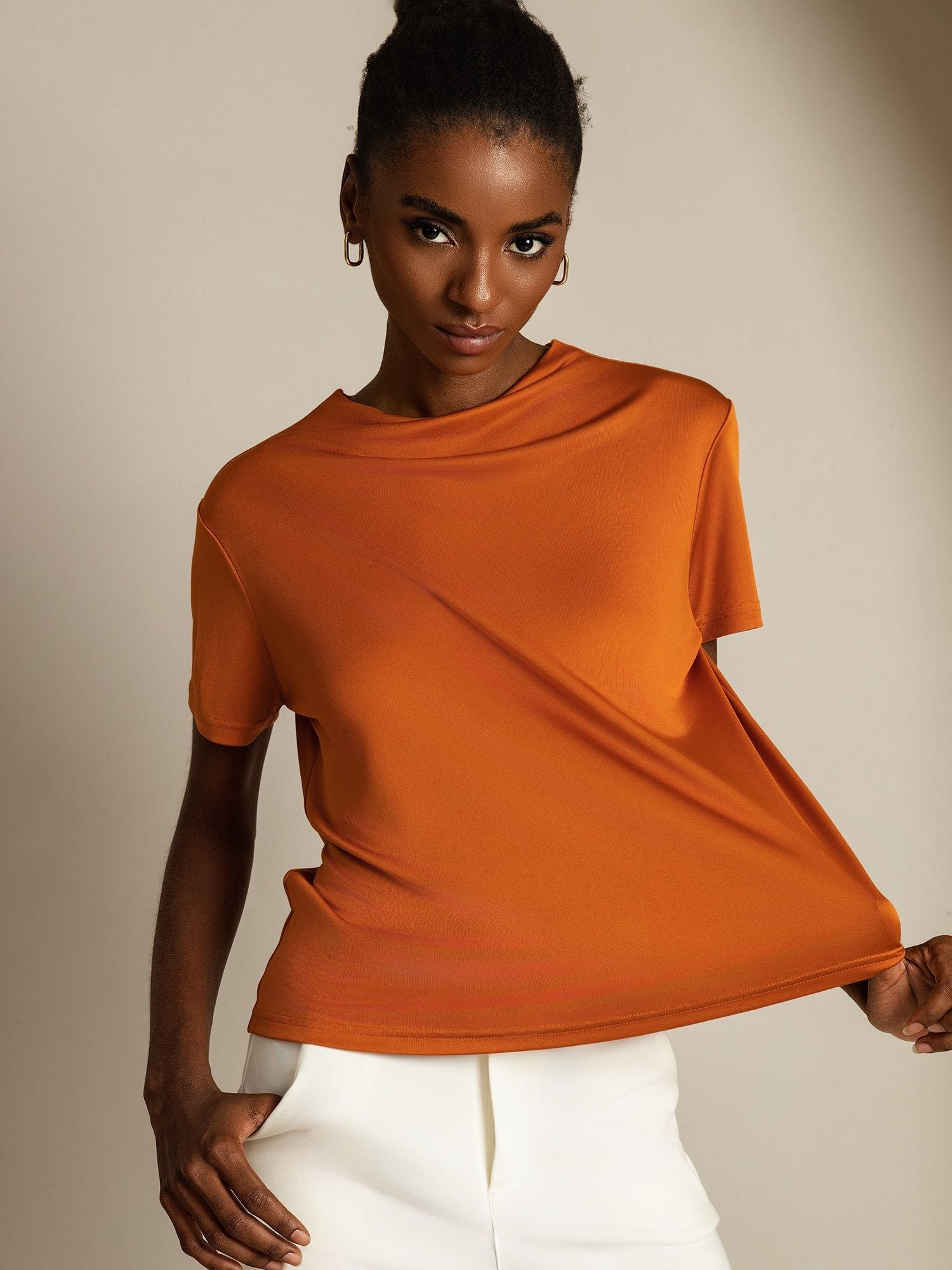 [Orange] SilkSilky-UK Pure Silk Collar Women's T-Shirt 001