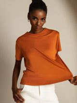 [Orange] SilkSilky-UK Silk Knitted Short Sleeve Mock Neck Women's T-Shirt 001