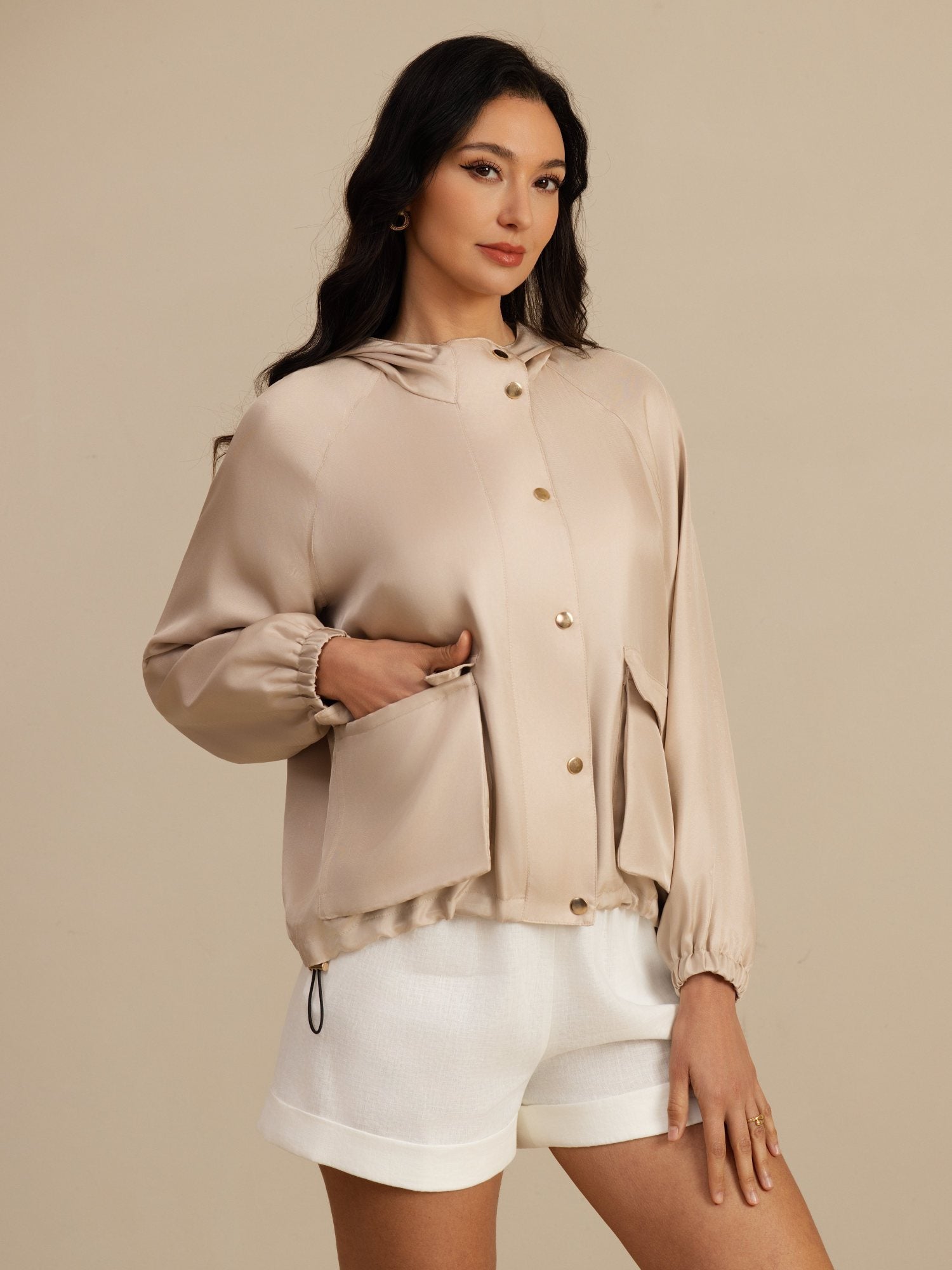 [Tan] SilkSilky-UK Silk Satin Surah Long Sleeve High Neck Women's Outerwear 005