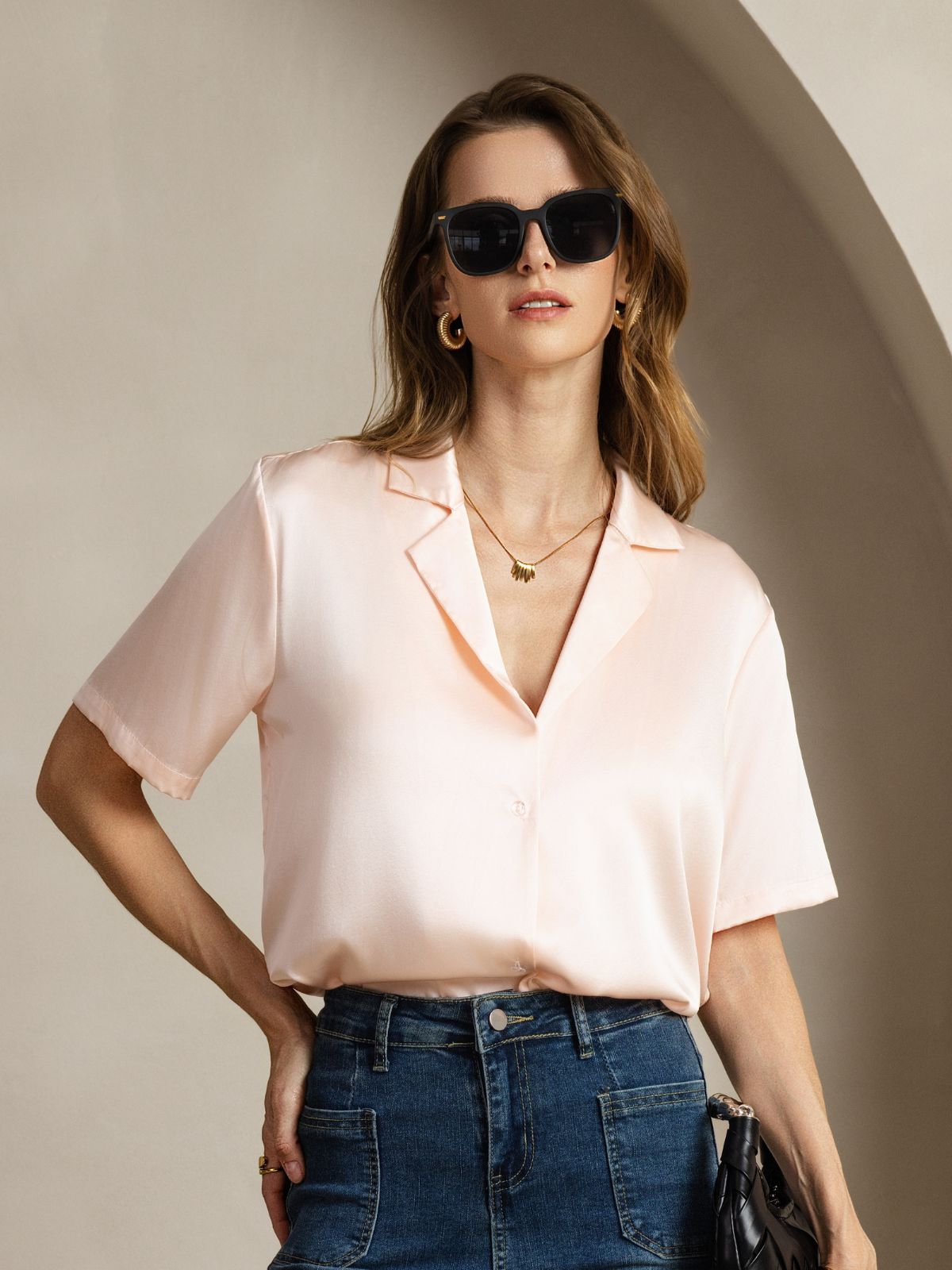 [Pink] SilkSilky-UK 19Momme Silk Notched Neck Women's Shirt 001