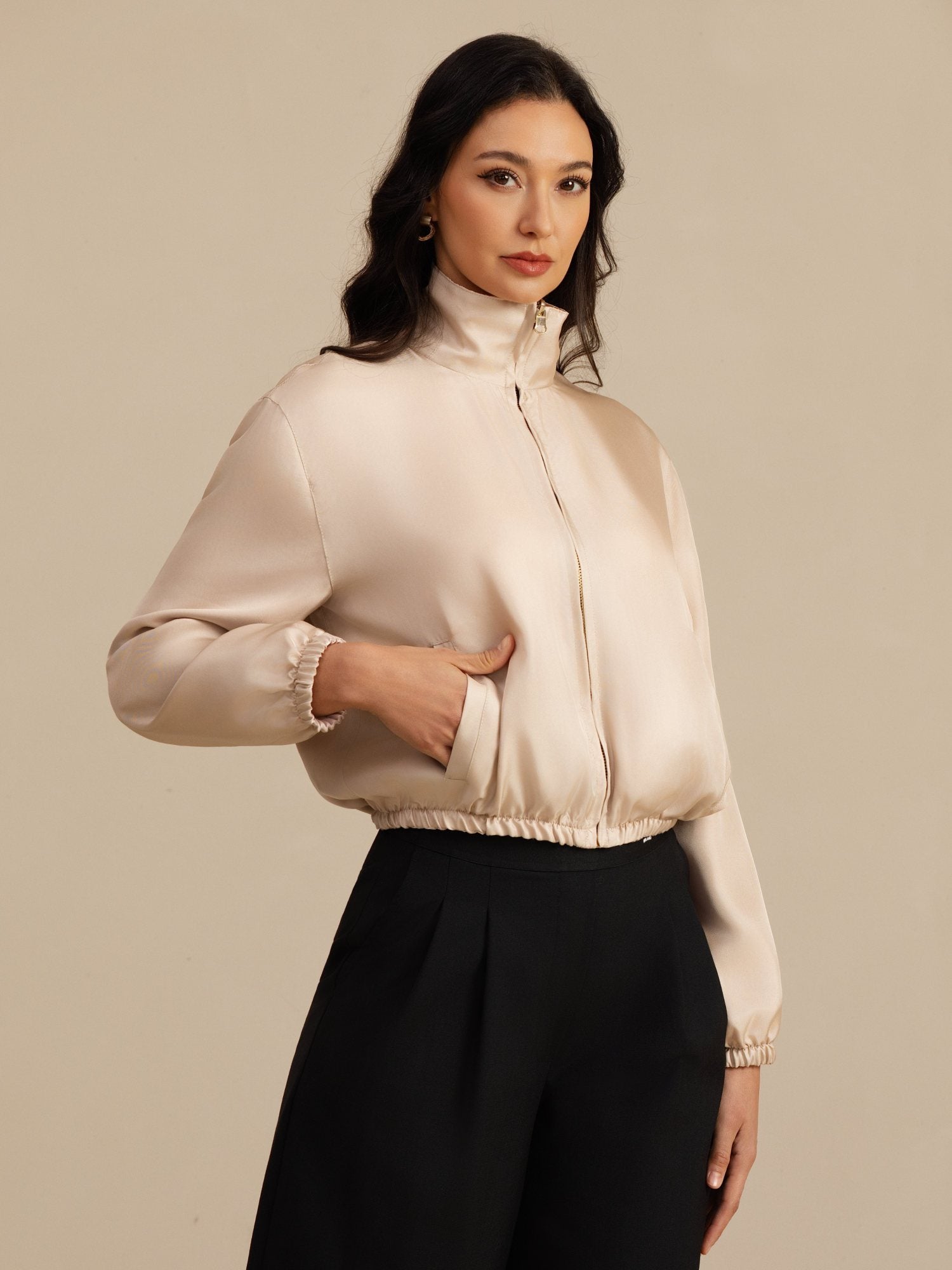 [Tan+Pink] SilkSilky-UK 18Momme Silk Satin Surah Long Sleeve Stand Collar Women's Outerwear 004