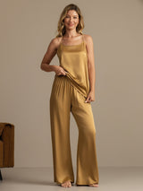 [Tan] SilkSilky-UK 19Momme Machine-Washable Silk Spaghetti Strap Scoop Neck Camisole Set 006