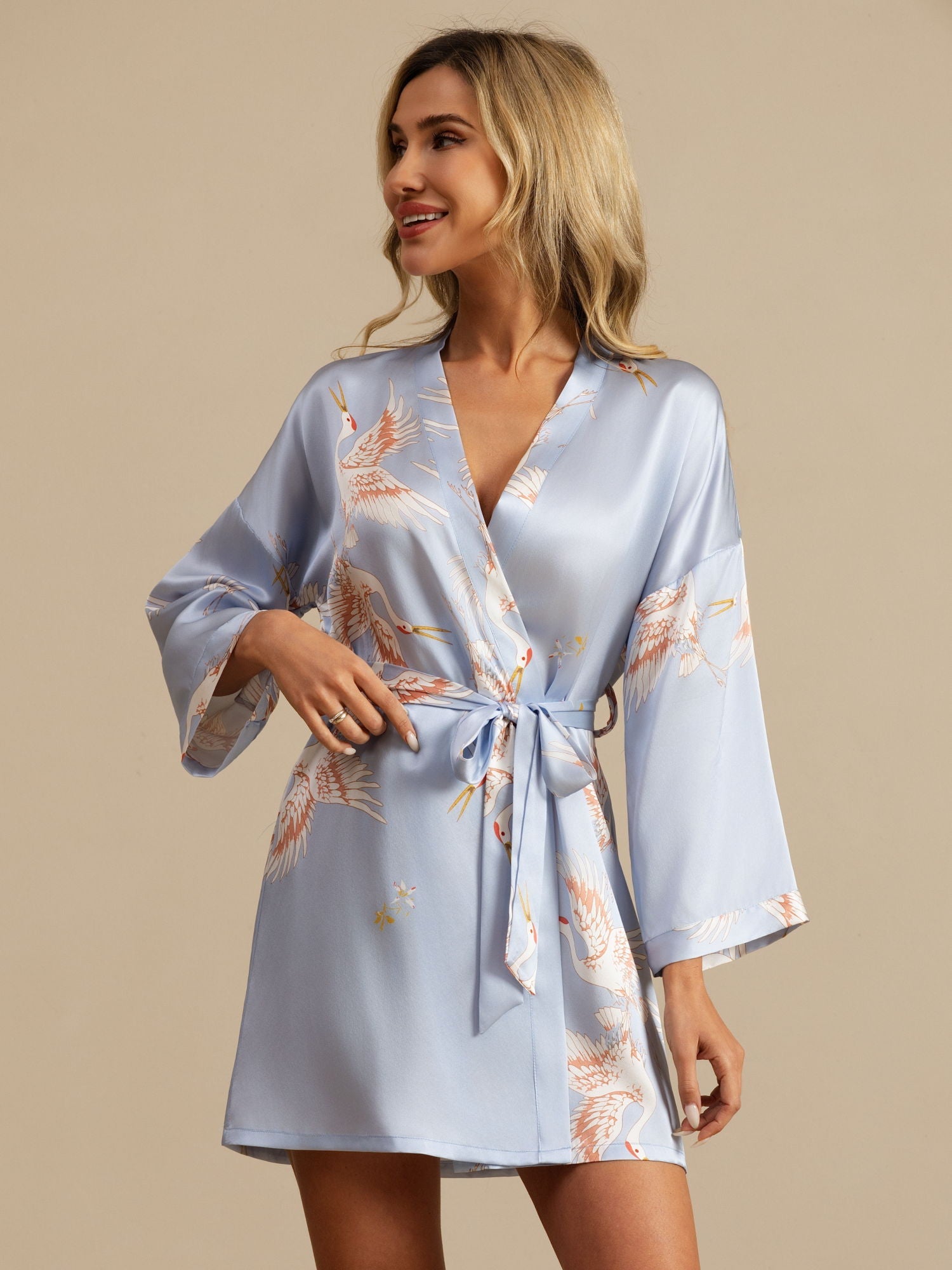 [Light Blue] SilkSilky-UK 19Momme 3/4 Sleeve Women's Dressing Gown 003
