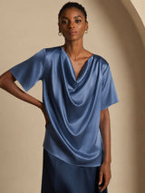 [Real Teal] SilkSilky-UK Short Sleeve Cowl Neck Women's Blouse 005